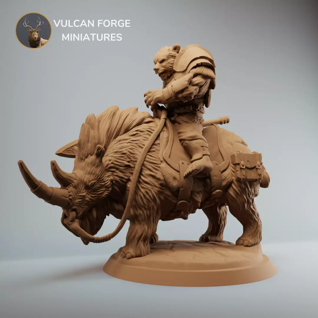 Bear warrior rider on woolly rhino werebear with spear 3D print model_0