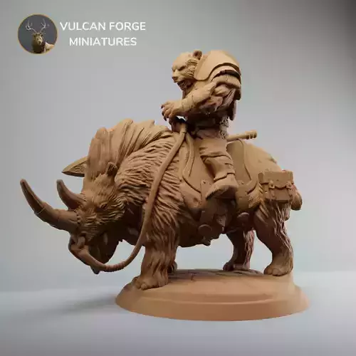 Bear warrior rider on woolly rhino werebear with spear