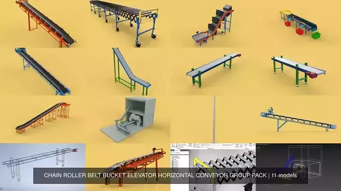 CHAIN ROLLER BELT BUCKET ELEVATOR HORIZONTAL CONVEYOR GROUP PACK 3D Model Collection