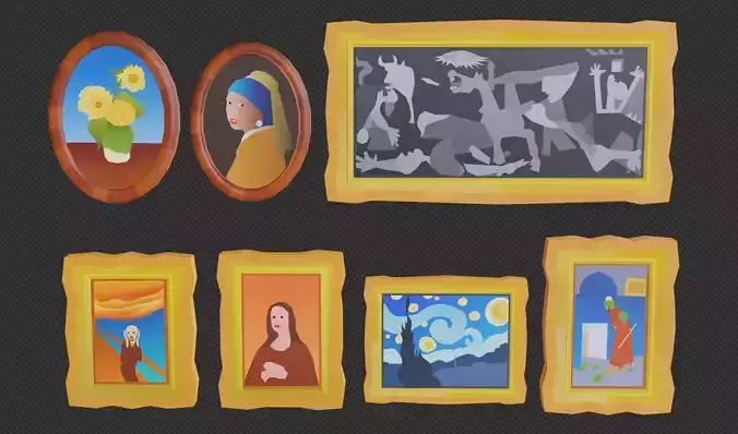 Mona Lisa - Scream - Van Gogh - Guernica Low-poly 3D model