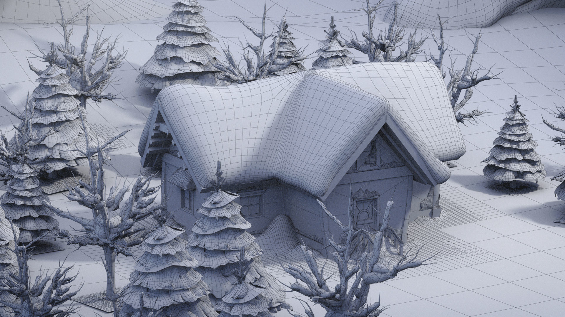 Cartoon winter wooden houses  3D model_6