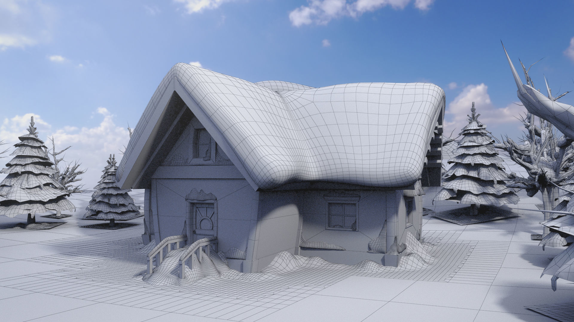 Cartoon winter wooden houses  3D model_5