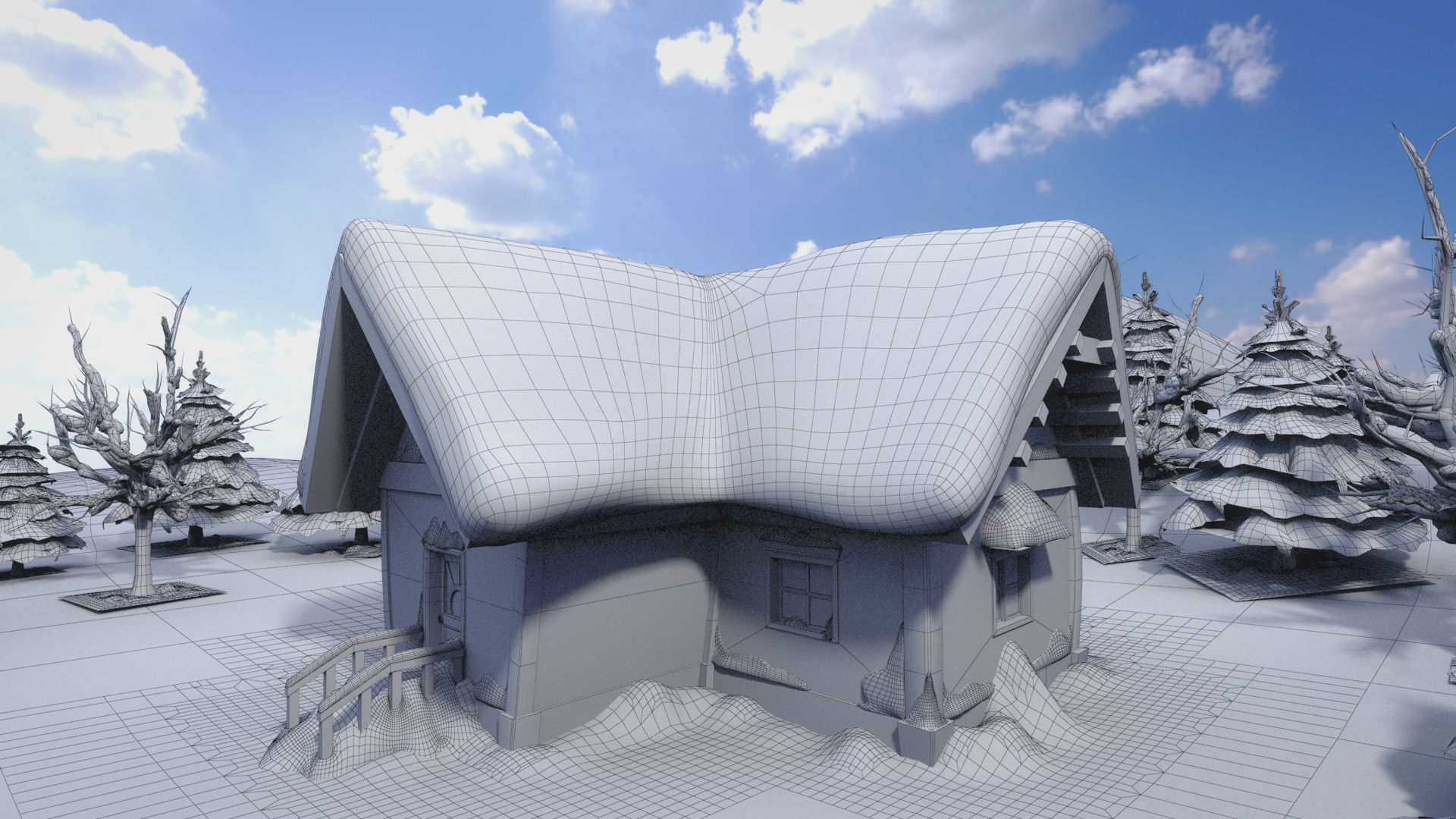 Cartoon winter wooden houses  3D model_7