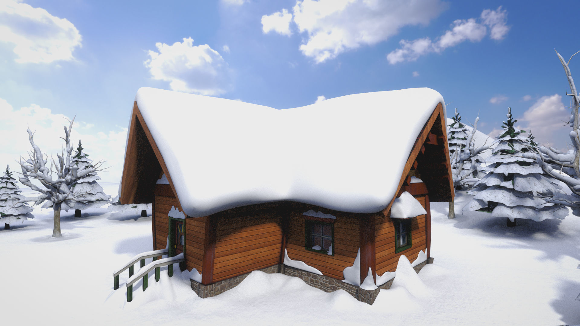 Cartoon winter wooden houses  3D model_2
