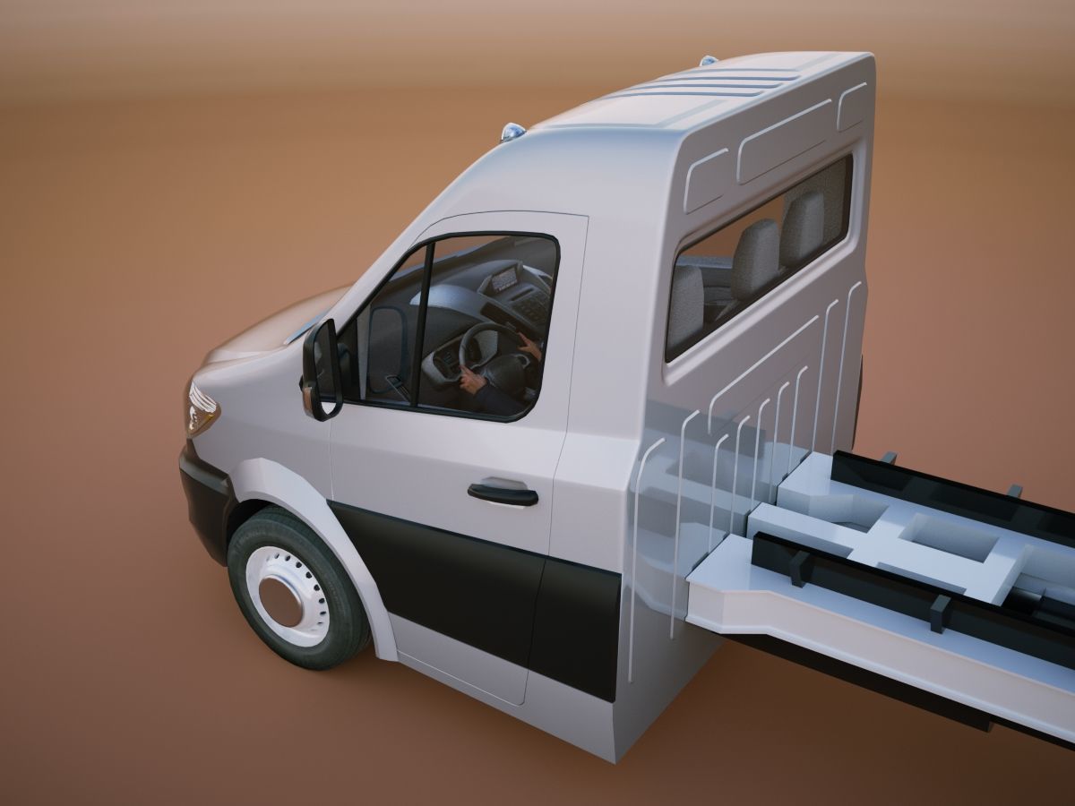 v6 Flatbed VAN with driver Low-poly 3D model_10