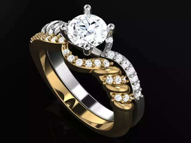 Twisted Ring with round diamond and perfect matching band 4883 3D print model_0