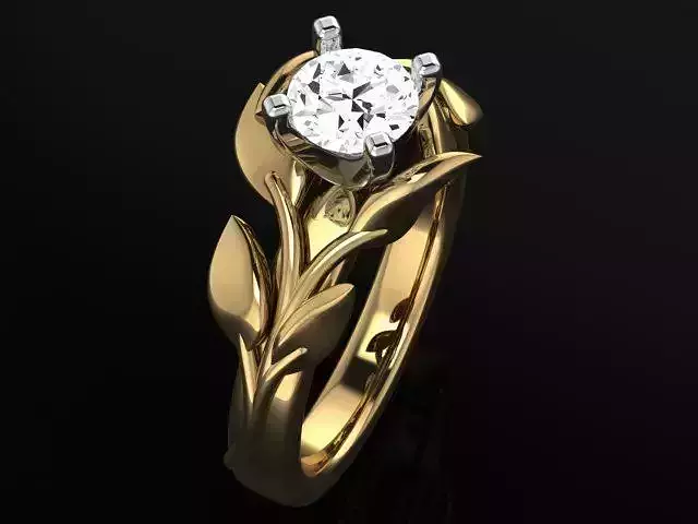 Leaf ring with round diamond and peg head4899