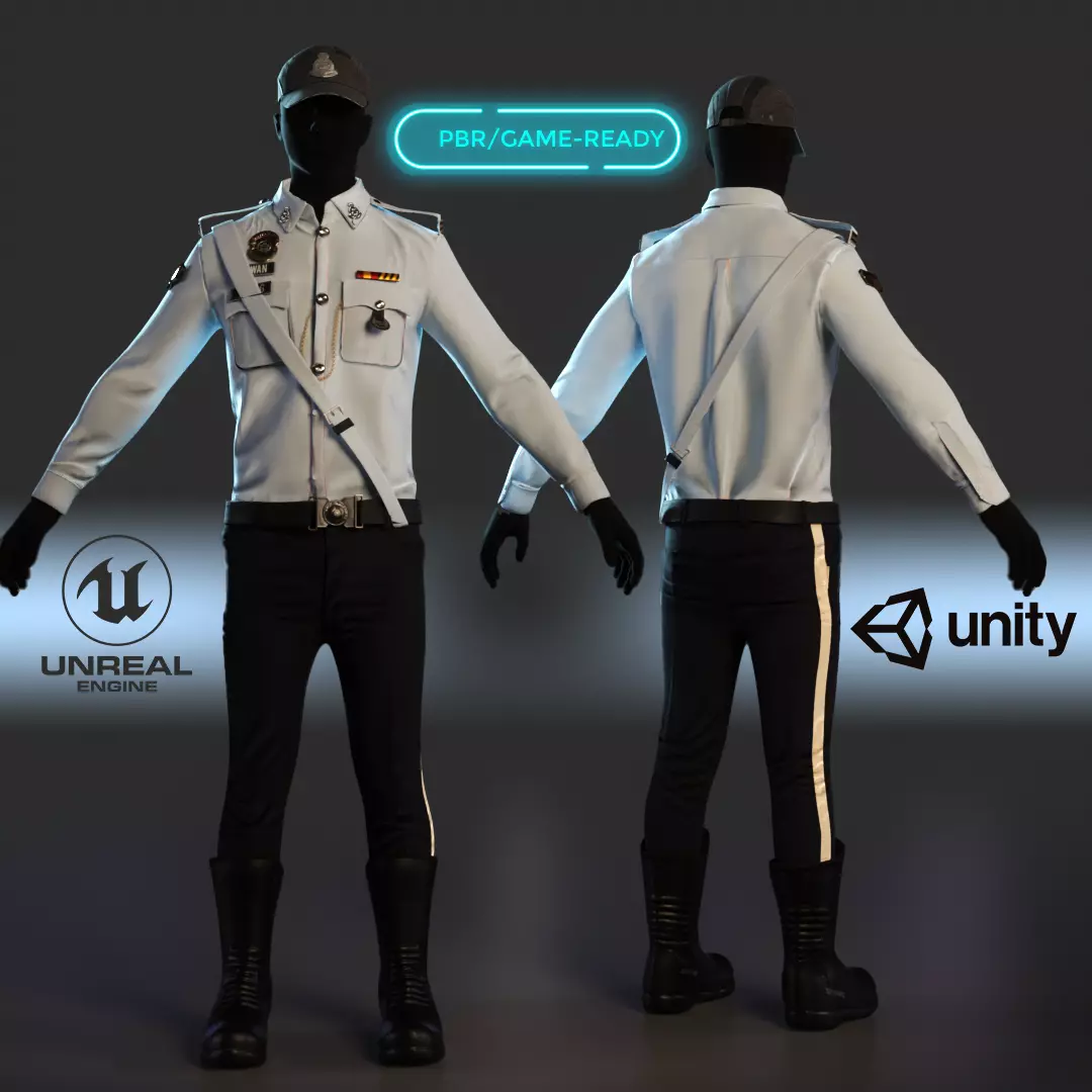 Malaysian Police Uniform  High-Detail Outfit with Accessories Low-poly 3D model_0