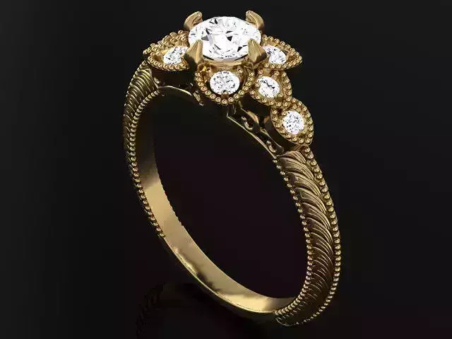 Ring with flower head and round stone 4913