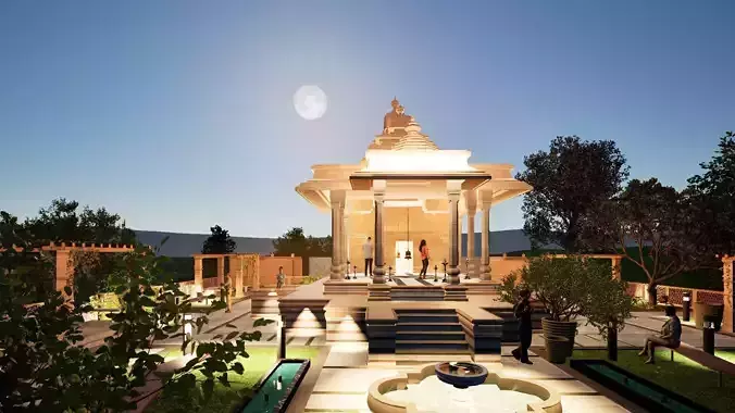 Traditional Indian Temple with Landscape Garden 3D model