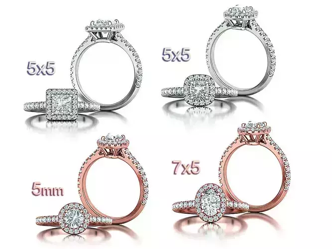 4 Halo Rings Collection Oval Princess Round Cushion Gems 