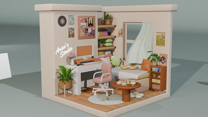 Isometric Room Bed Room Yellow 3D model