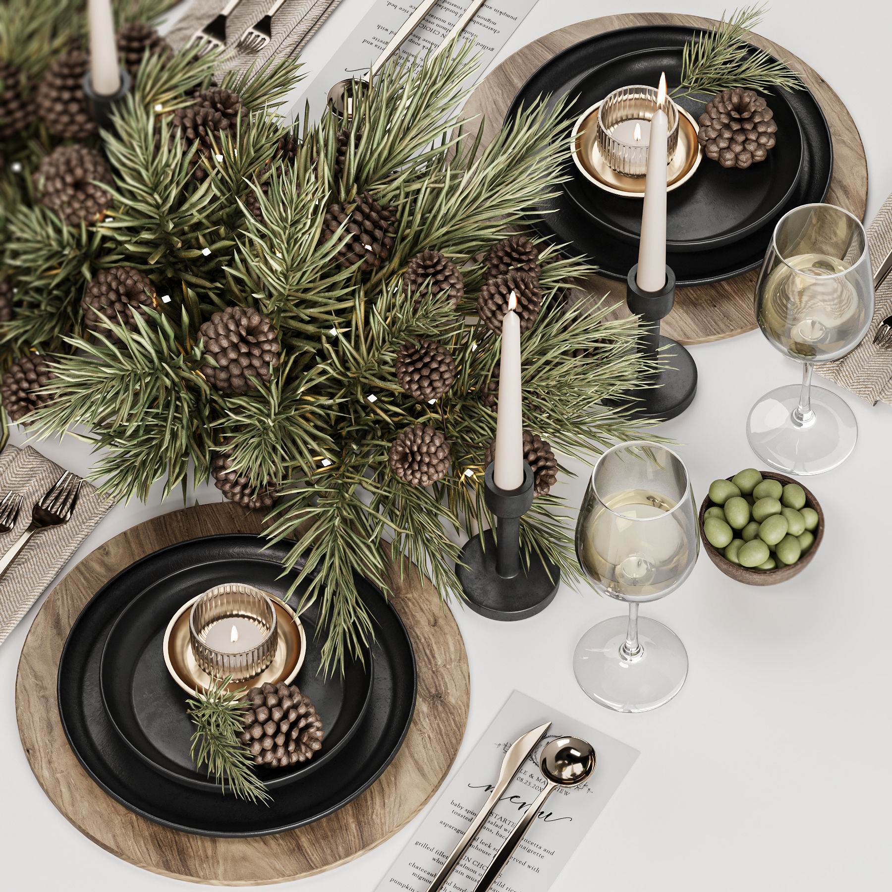 Winter Pine Table Setting Elegance 3D model_3