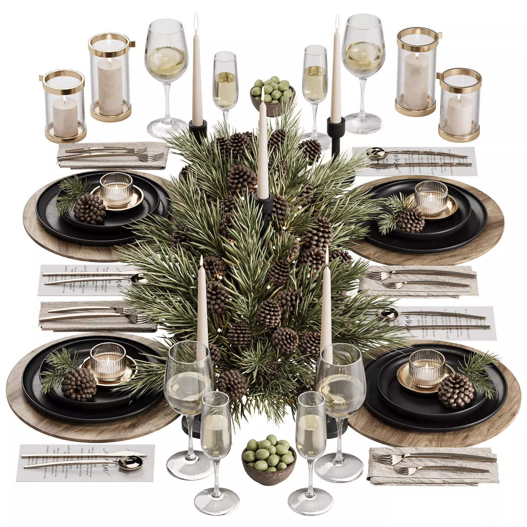 Winter Pine Table Setting Elegance 3D model_0