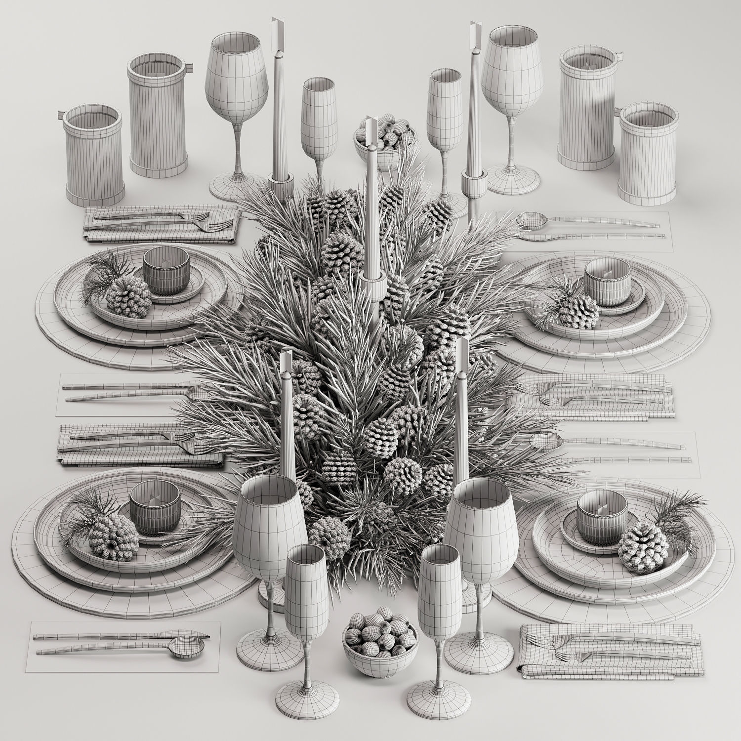 Winter Pine Table Setting Elegance 3D model_5