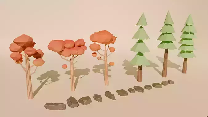 Low poly trees and rocks