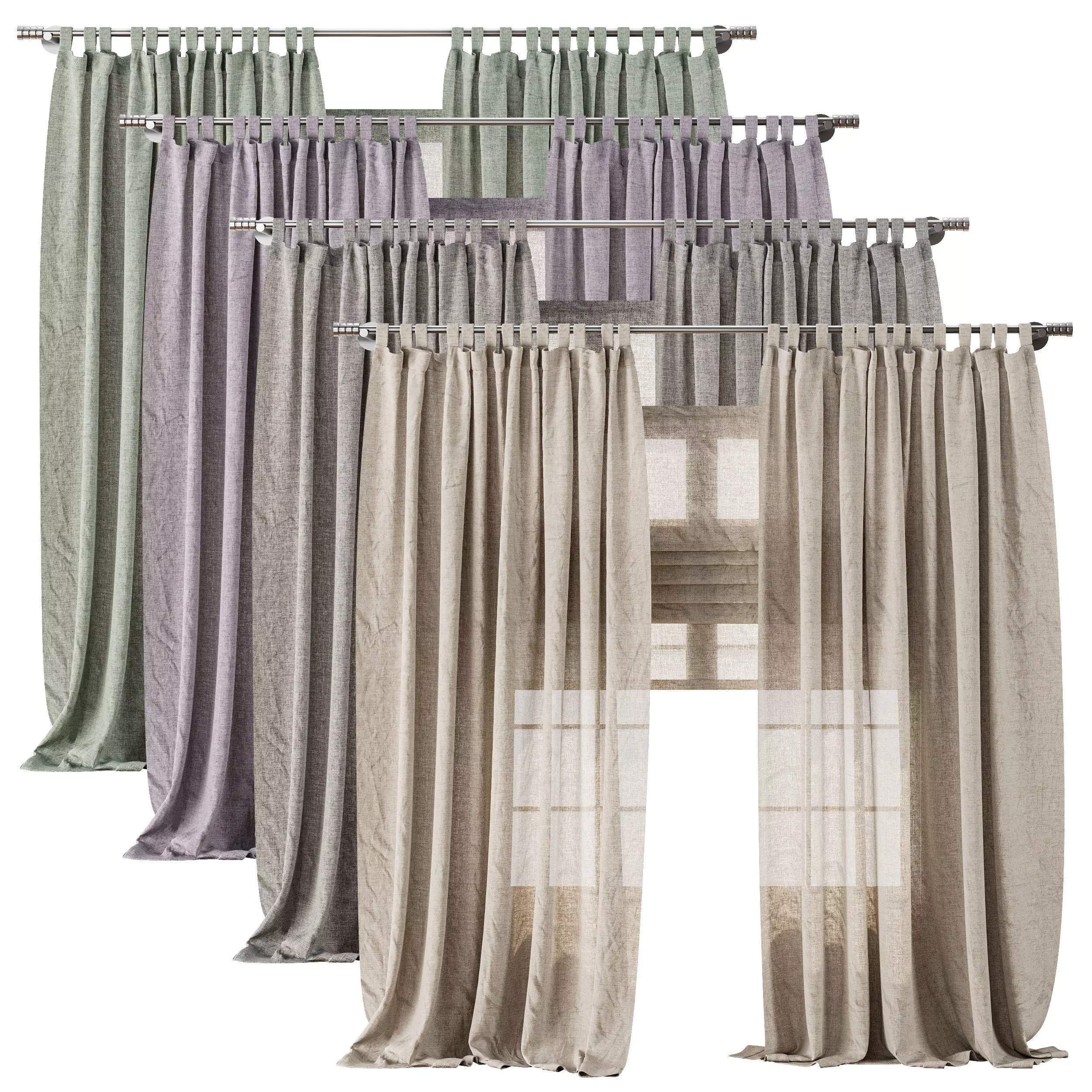 Classic Linen Curtain Set with Metal Rings and Roman shade 63 3D model_0