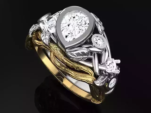 Ring with pear bezel head leaves and branches and band 4925