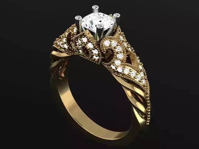 Ring with round diamon separately head and milgrain 4928