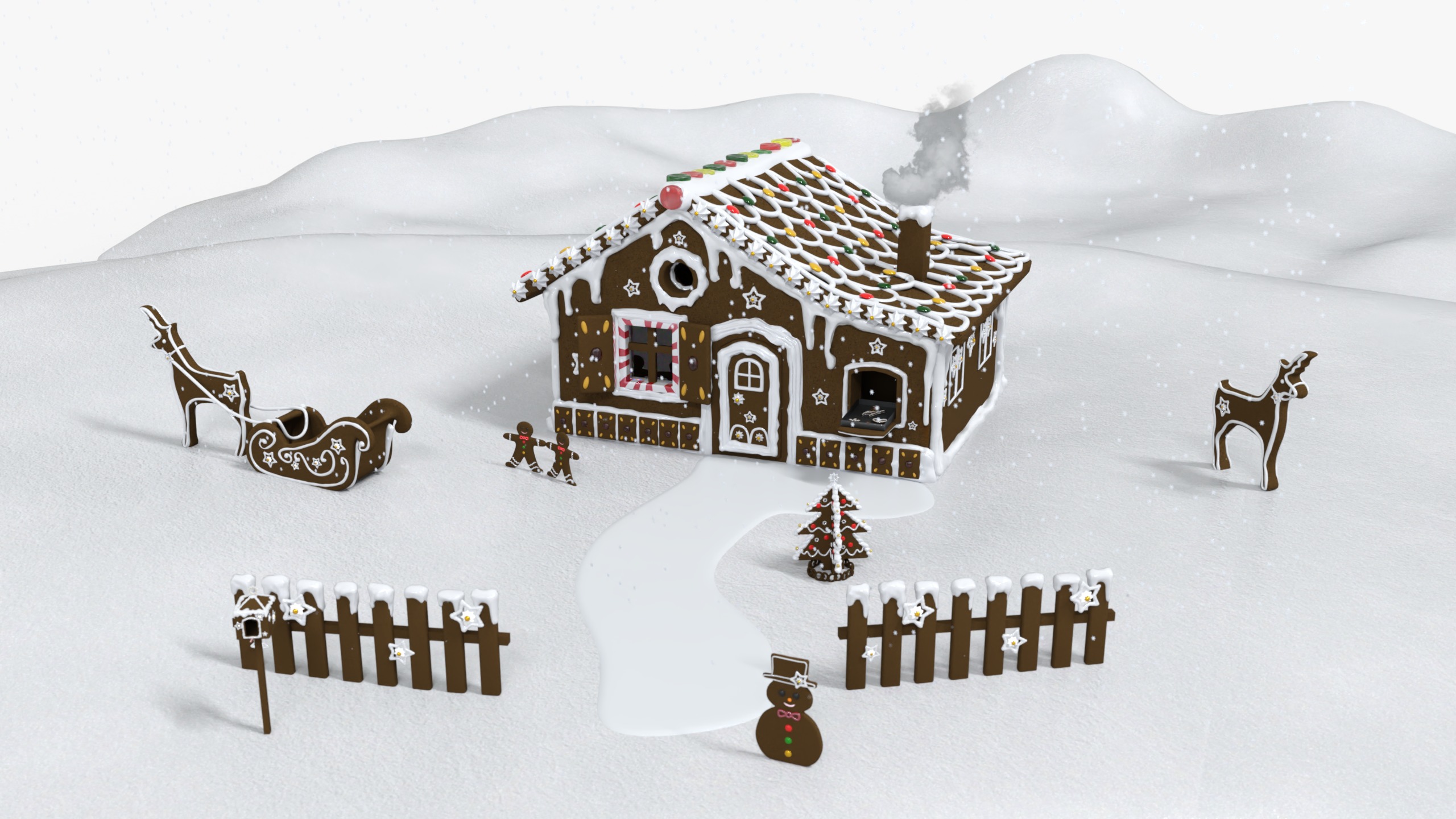 Gingerbread House Christmas Scene Low-poly 3D model_3