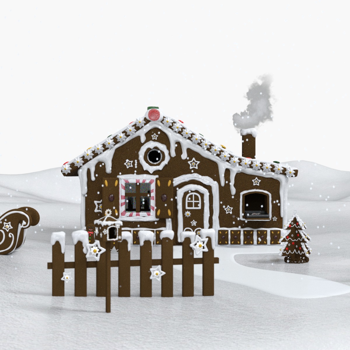 Gingerbread House Christmas Scene Low-poly 3D model_1