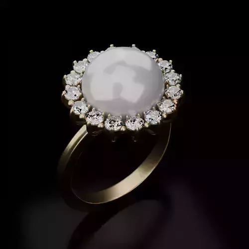  A Gold Pearl Ring with Diamond Accents