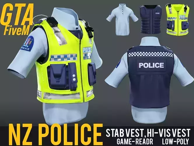 NZ Police Uniform Stab Vest Hi-Vis Vest Microphone GTA fivem Low-poly 3D model