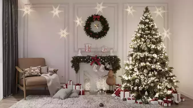 Cozy 3D Living Room Christmas Scene