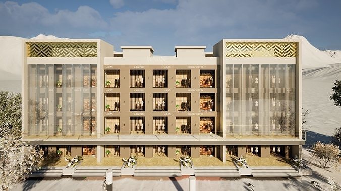 Business Commercial Complex with office and shops  Low-poly 3D model