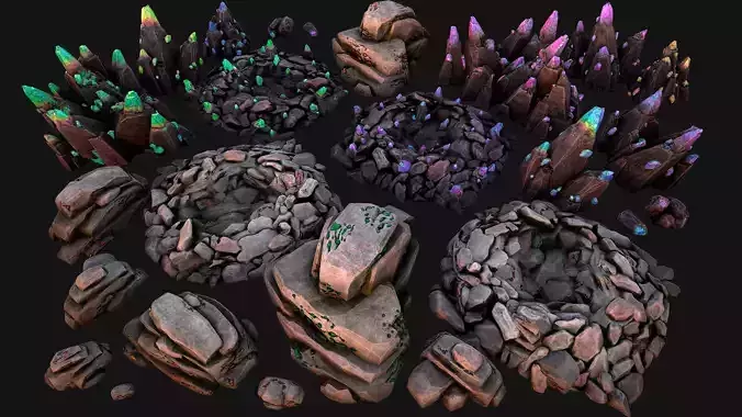 Crystals Gems Ore Mine and Caves Dungeons Resource Pack Low-poly 3D model