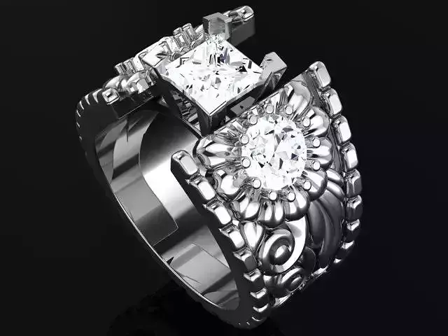 Ring with princess cut diamond and flovers on sides 4933