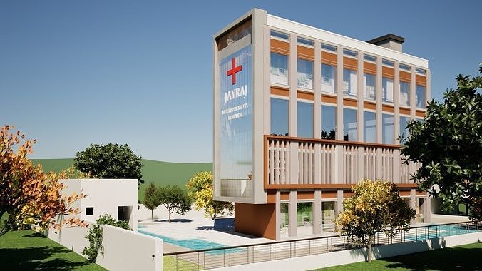 Modern Hospital Building 3D Model with Garden Low-poly 3D model 4