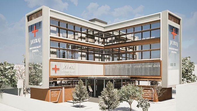 Modern Hospital Building 3D Model with Garden Low-poly 3D model