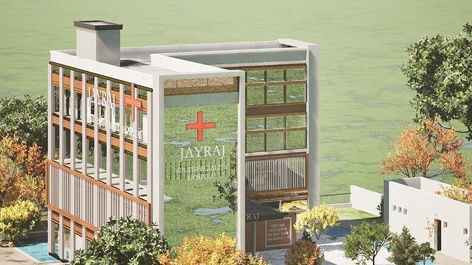 Modern Hospital Building 3D Model with Garden Low-poly 3D model 2