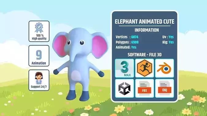 High-Quality 3D Cute Elephant - Animated for Games 