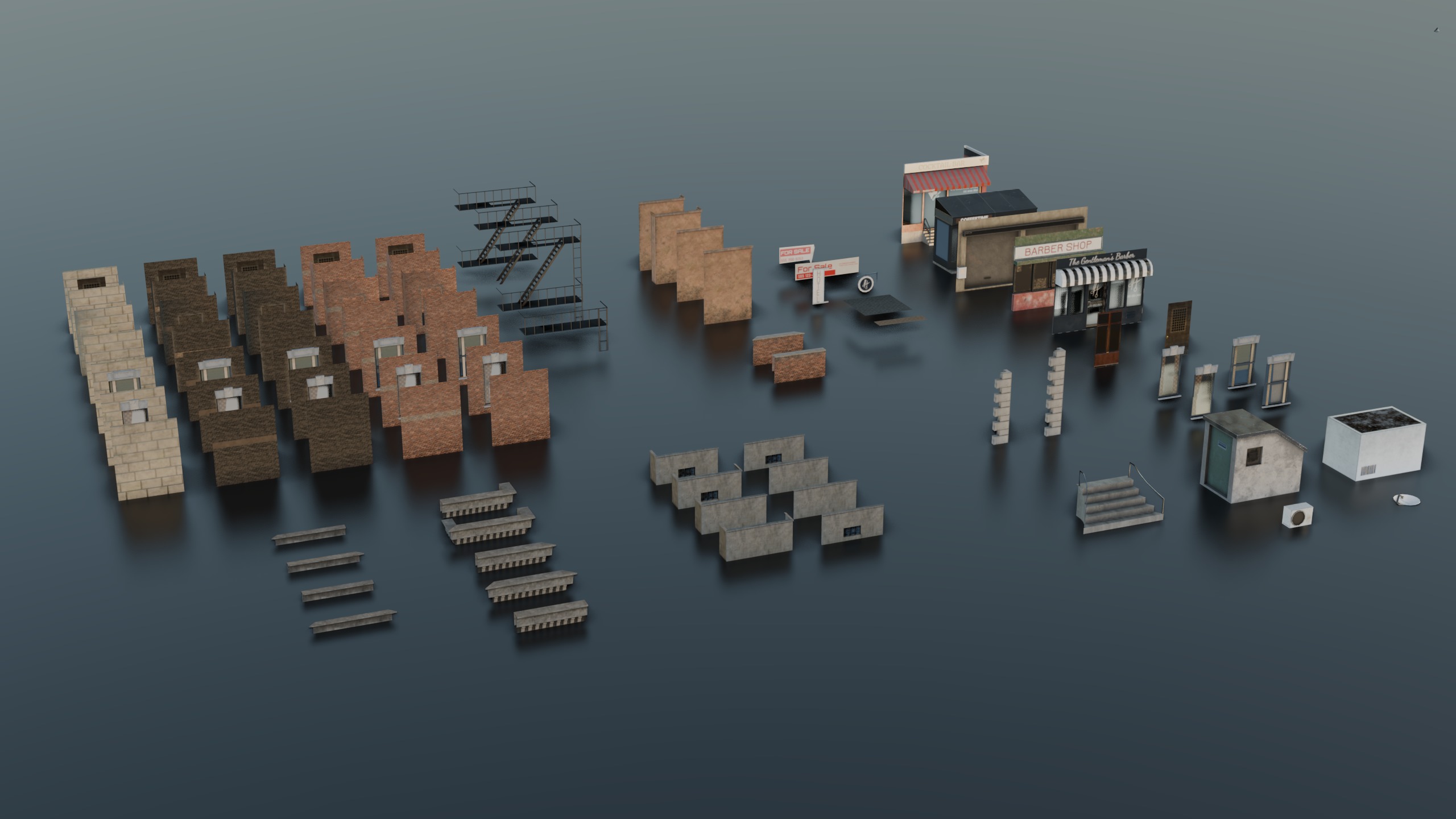 Modular American Brick Apartment Pack Game-Ready Assets Low-poly 3D model_1