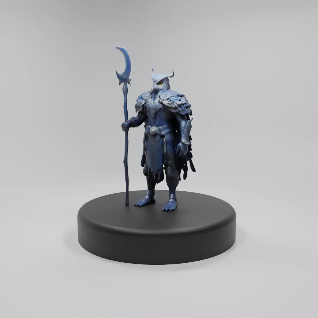 Stylized Owl Warrior with Lunar Staff  3D Model for Games Low-poly 3D model_0