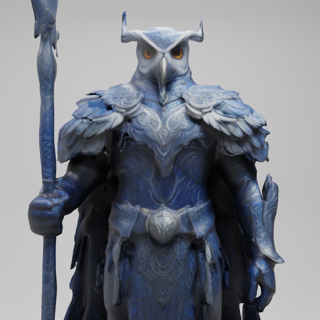 Stylized Owl Warrior with Lunar Staff  3D Model for Games Low-poly 3D model_3