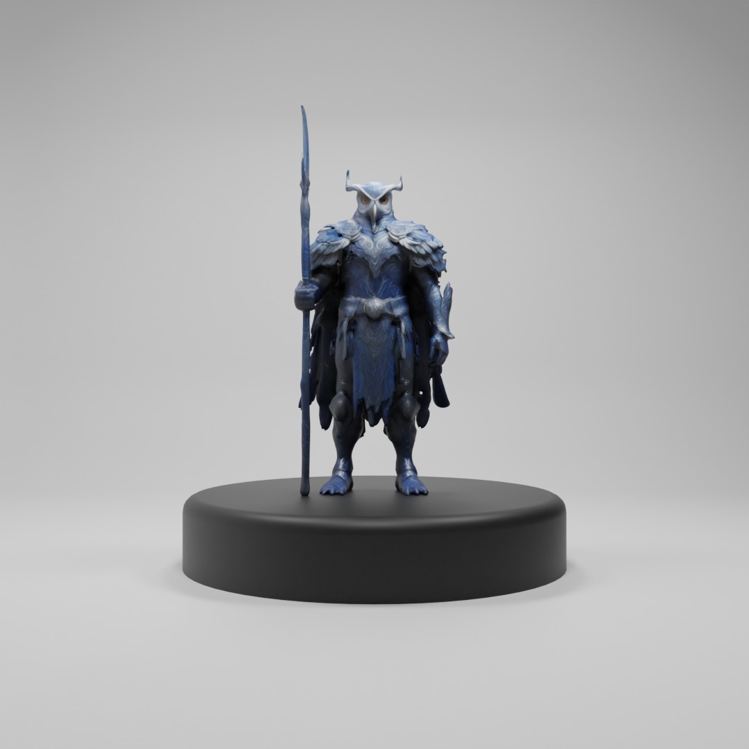 Stylized Owl Warrior with Lunar Staff  3D Model for Games Low-poly 3D model_1