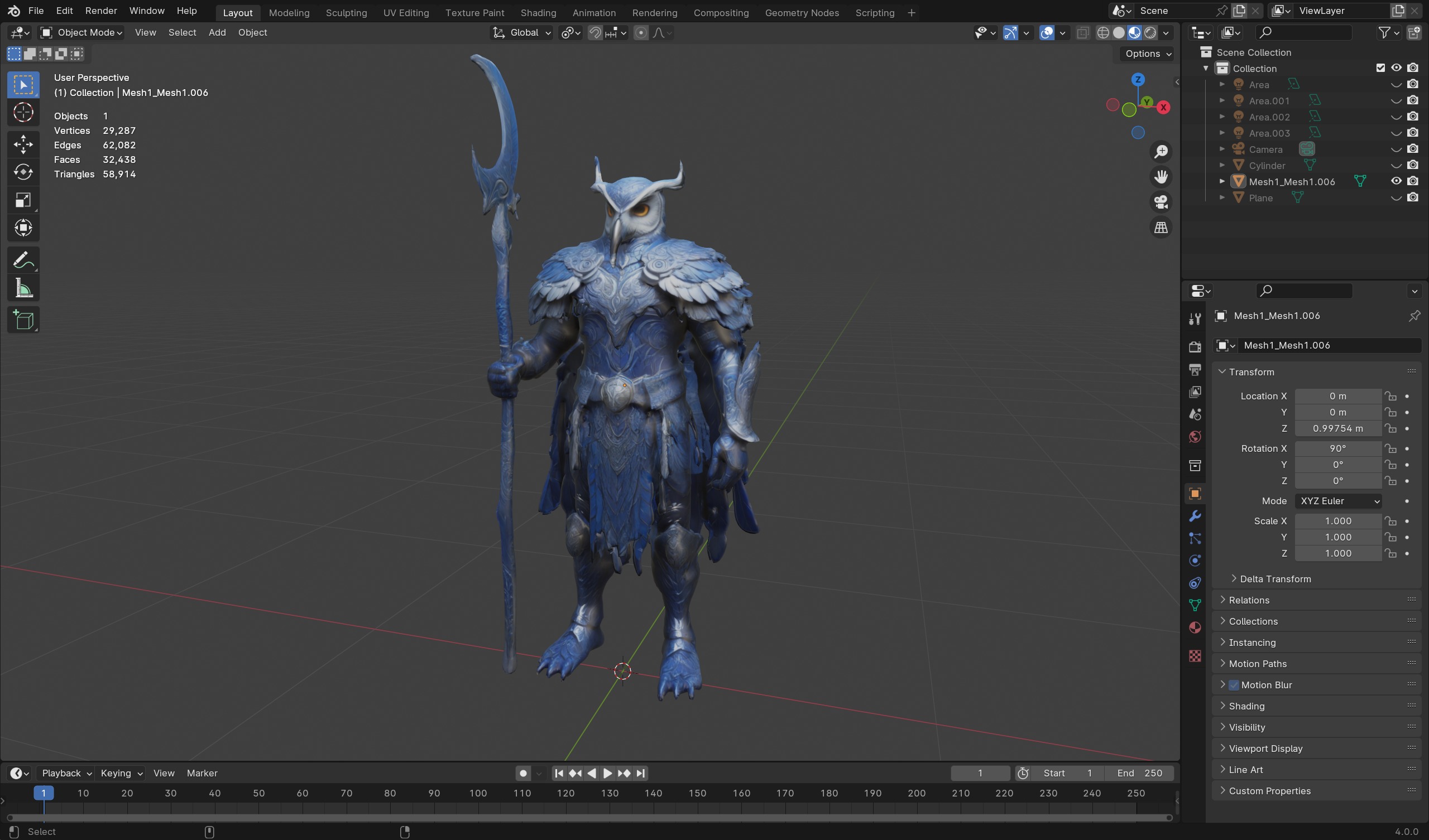 Stylized Owl Warrior with Lunar Staff  3D Model for Games Low-poly 3D model_4