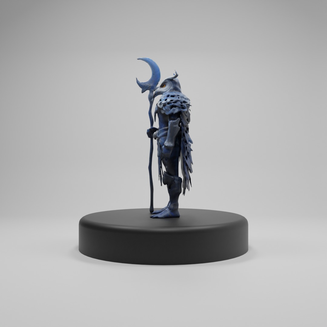 Stylized Owl Warrior with Lunar Staff  3D Model for Games Low-poly 3D model_2