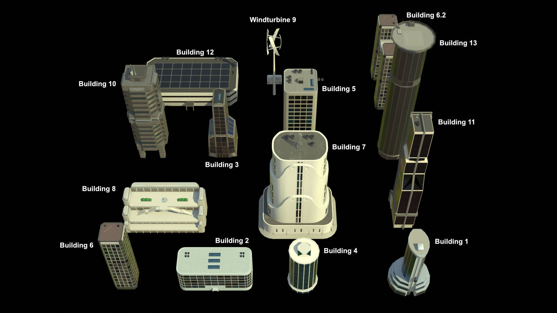 13 Futuristic City Buildings Low-poly 3D model_3