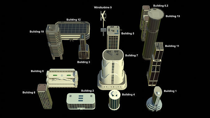 13 Futuristic City Buildings Low-poly 3D model 3