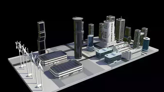 13 Futuristic City Buildings Low-poly 3D model