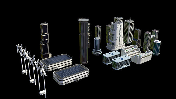 13 Futuristic City Buildings Low-poly 3D model 2