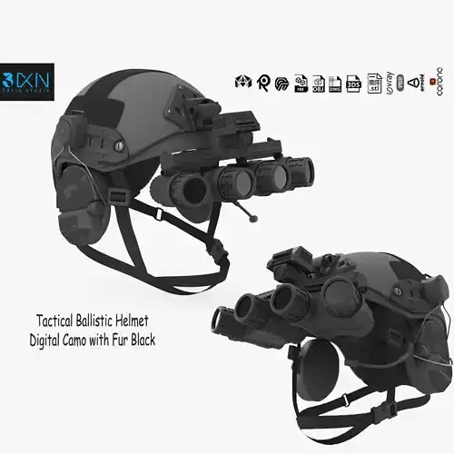 Tactical Ballistic Helmet Digital Camo with Fur Black