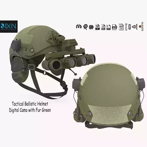 Tactical Ballistic Helmet Digital Camo with Fur Green