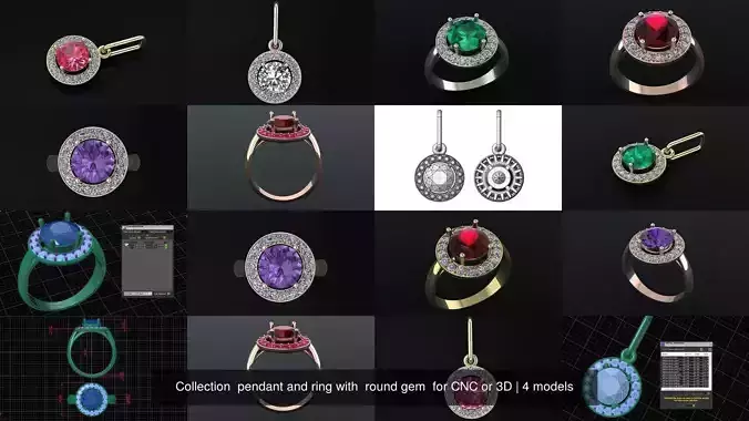 Collection  pendant and ring with  round gem  for CNC or 3D
