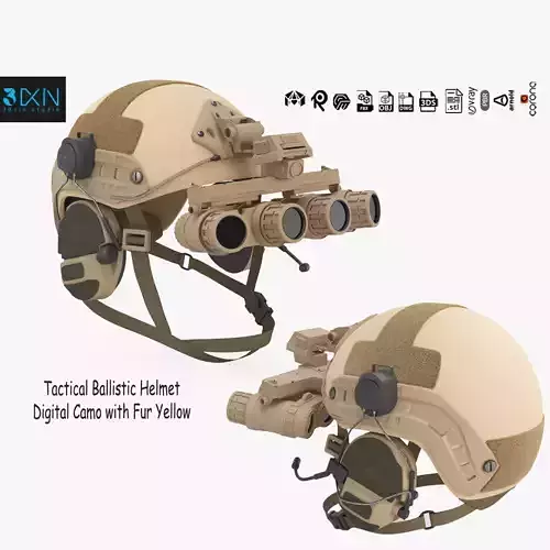 Tactical Ballistic Helmet Digital Camo with Fur Yellow