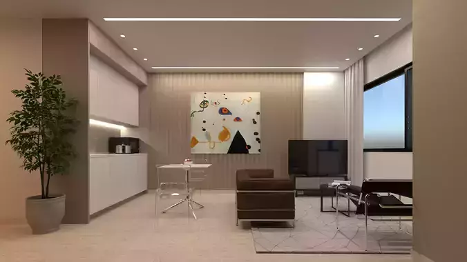 Living Room with Bedroom and Bathroom Interior 3D model